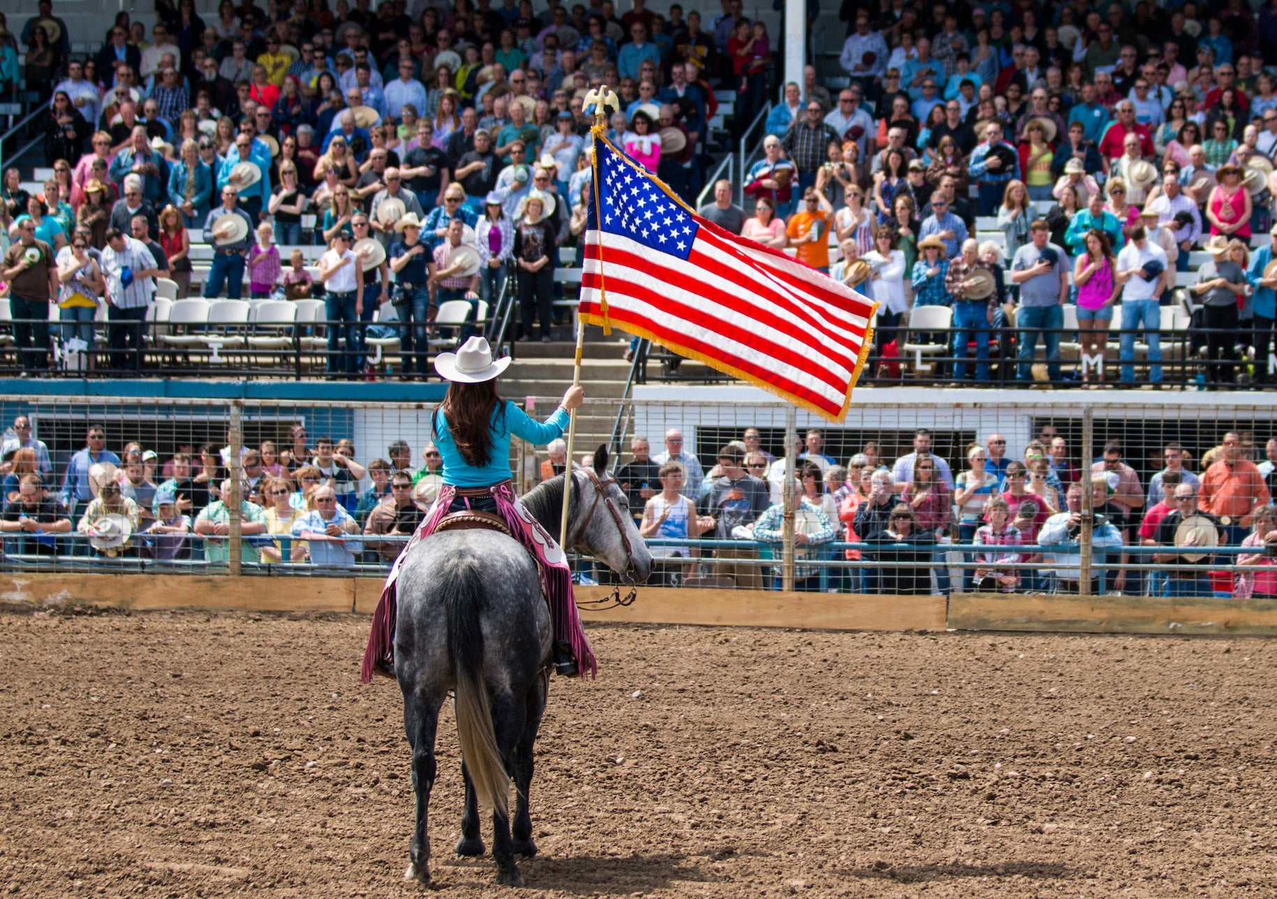 A girl on a horse with an American flag